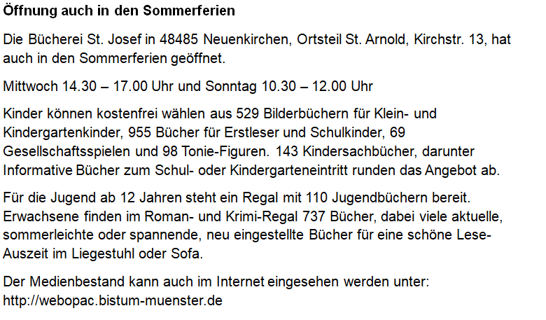 Öffnungszeiten der Bücherei während der Ferien